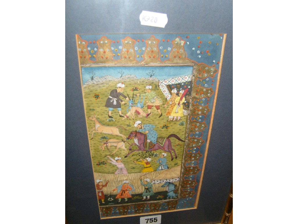 Appraisal: An Indian Moghul type painting showing a hunting scene with