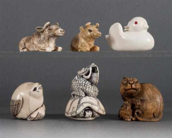 Appraisal: Six Japanese carved ivory animal-form netsukes figures include dragon and