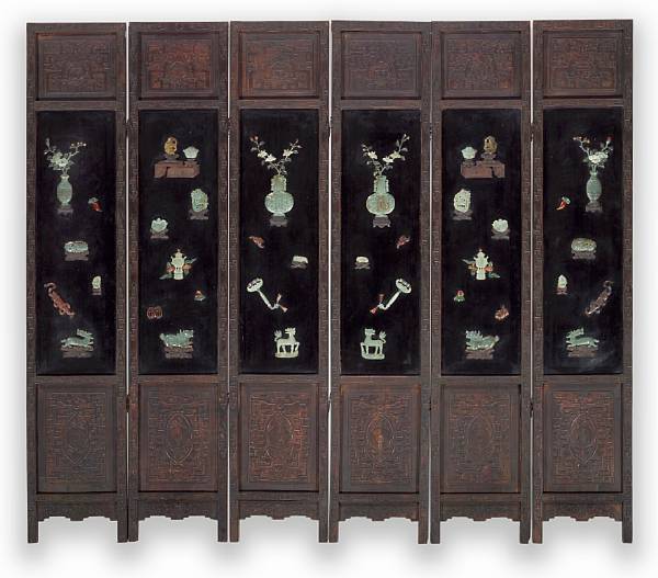 Appraisal: A six-panel carved wood screen with hardstone overlay decoration th