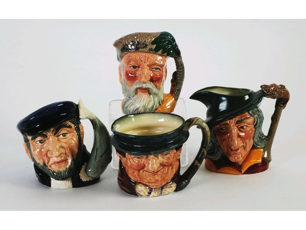 Appraisal: FOUR ROYAL DOULTON SMALL POTTERY CHARACTER JUGS comprising 'Tony Weller'