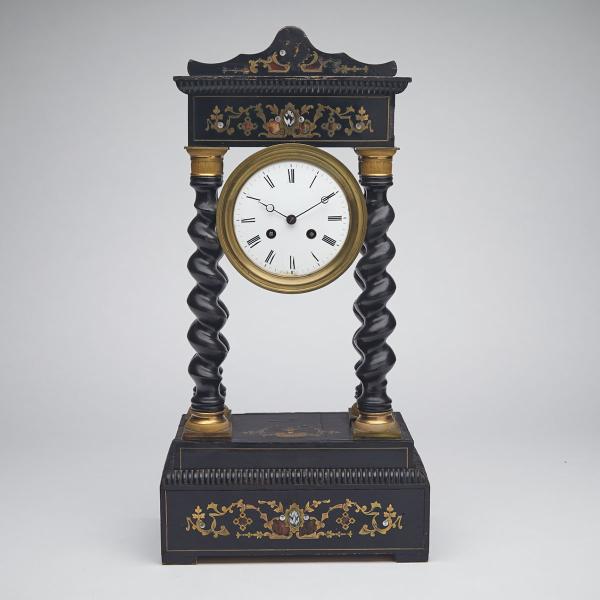 Appraisal: French Ormolu Mounted Ebonized and Inlaid Portico Clock mid th