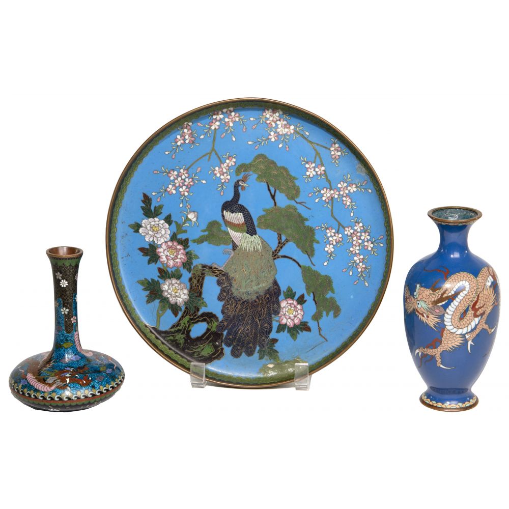 Appraisal: JAPANESE STYLE CLOISONNE VASE AND TRAY ASSORTMENT items including long-necked