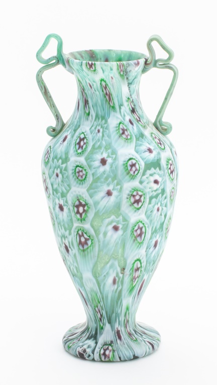 Appraisal: VENETIAN MURANO MILLEFIORI TWO HANDLED GLASS VASE Venetian Murano Millefiori