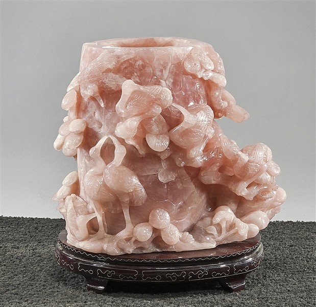 Appraisal: Chinese carved rose quartz brush pot with fruit and bird