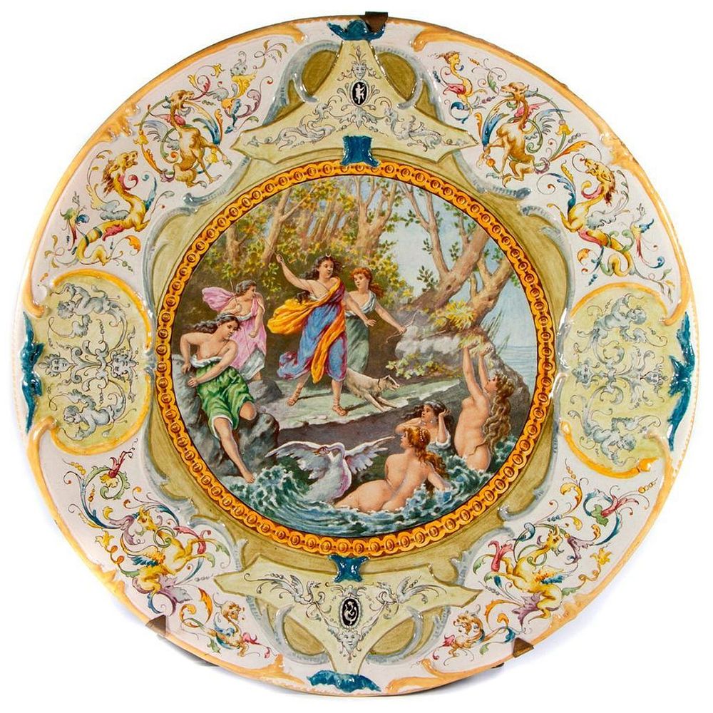 Appraisal: An Italian majolica charger An Italian majolica charger depicting Amazon