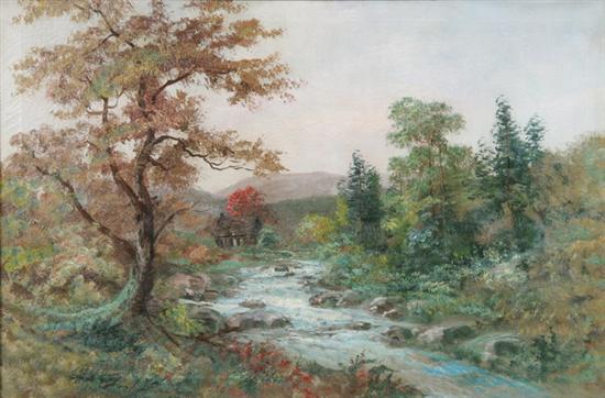 Appraisal: AMERICAN SCHOOL th century STREAM WITH COTTAGE oil on canvas