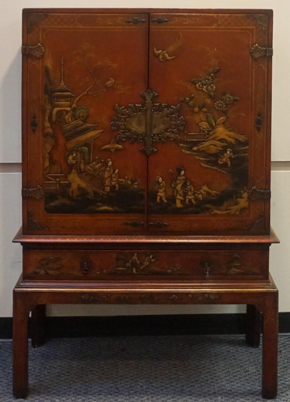 Appraisal: CHINESE GEORGIAN STYLE METAL MOUNTED RED LACQUER CHEST ON STAND