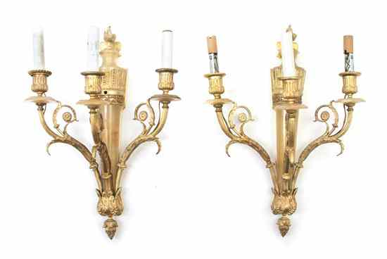 Appraisal: A Pair of Neoclassical Gilt Bronze and Onyx Three-Light Sconces