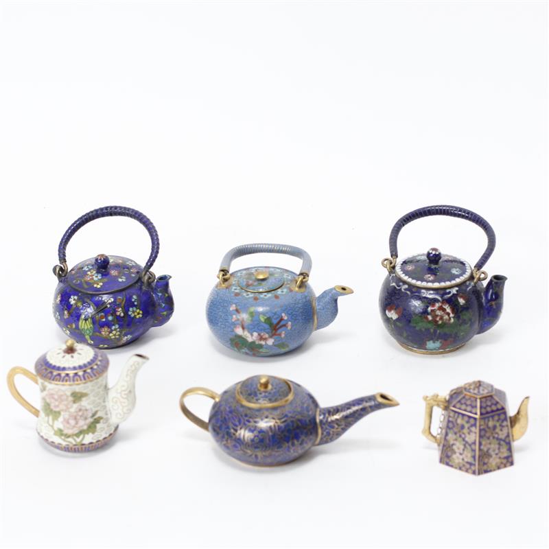 Appraisal: Six Chinese Miniature Floral Cloisonne Teapots H x W