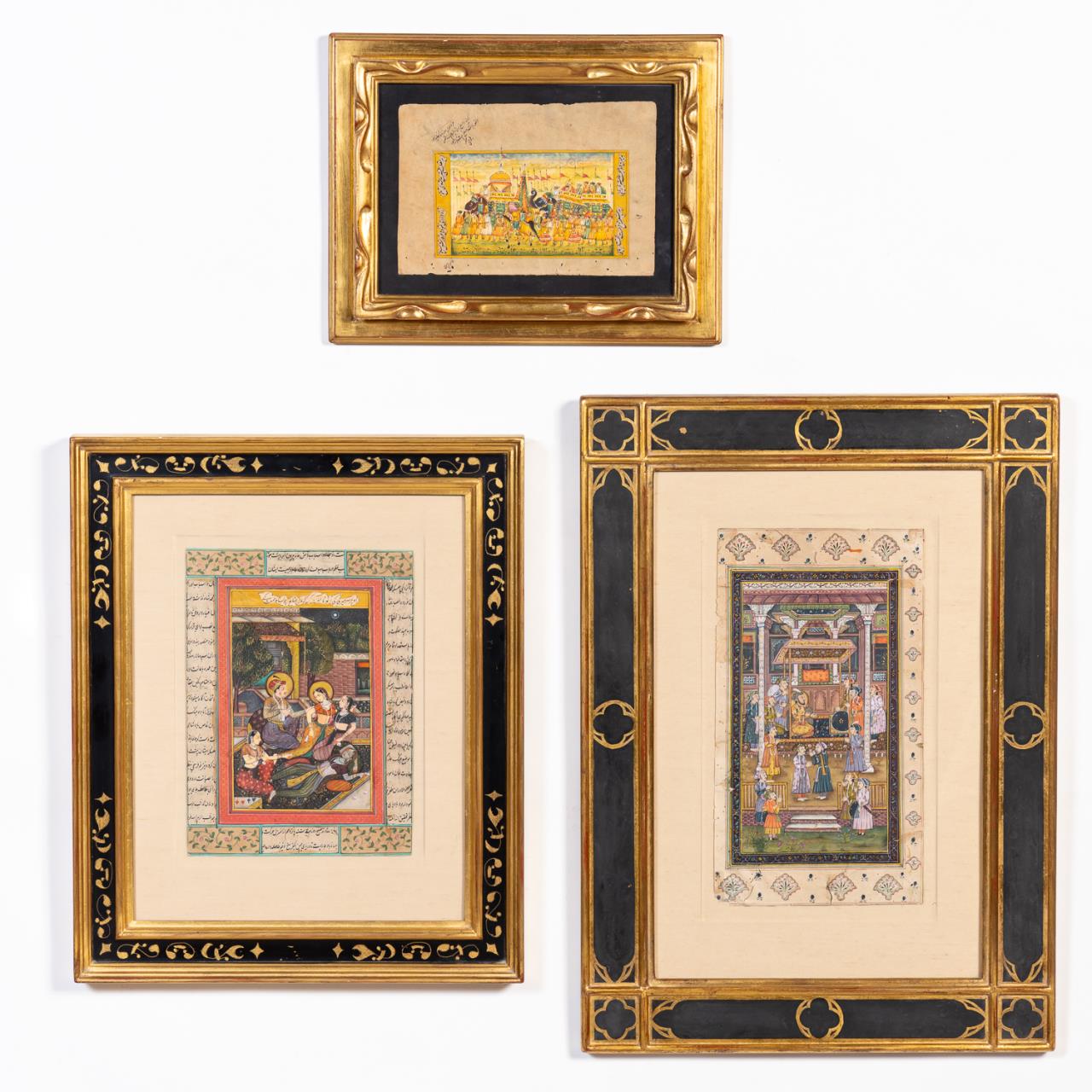 Appraisal: THREE FRAMED INDO-PERSIAN STYLE MANUSCRIPT PAGES Three framed Indo-Persian manuscript