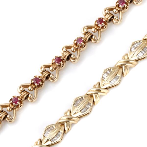 Appraisal: A collection of three gem-set diamond and gold bracelets lengths