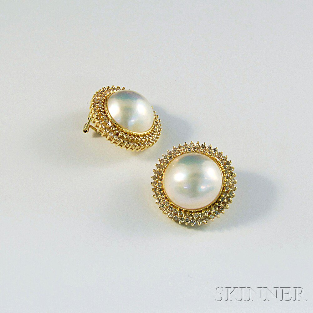 Appraisal: Pair of kt Gold Mabe Pearl and Diamond Earclips the