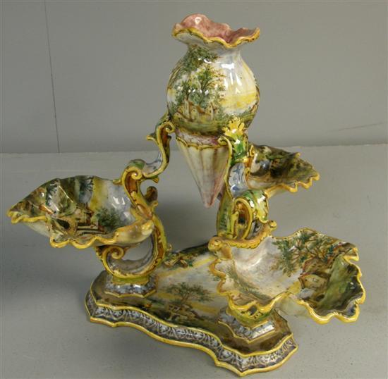 Appraisal: Bologna pottery Majolica centre-piece the shaped triangular base supporting three