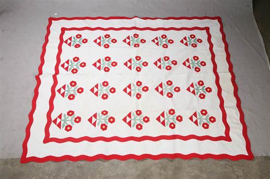 Appraisal: APPLIQUE QUILT Red and green flowers with a double red