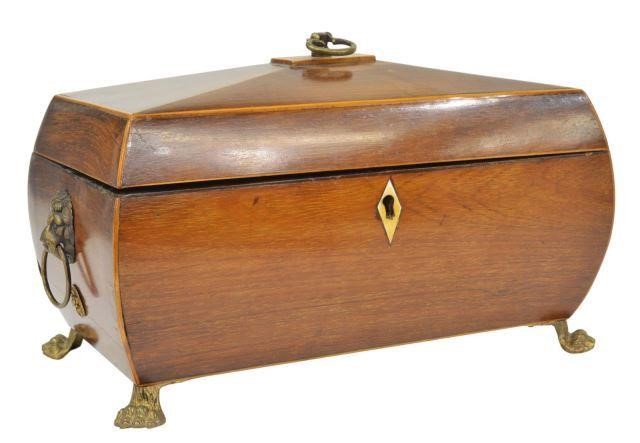 Appraisal: English Regency mahogany tea caddy early th c sarcophagus-form box