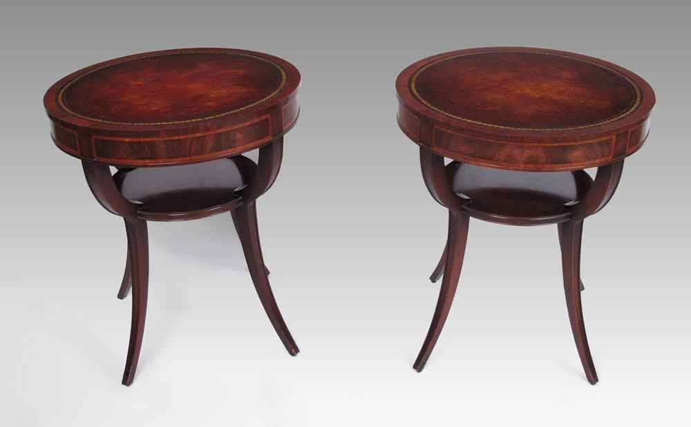 Appraisal: PAIR WEIMAN MAHOGANY LAMP TABLES Leather top two tier side