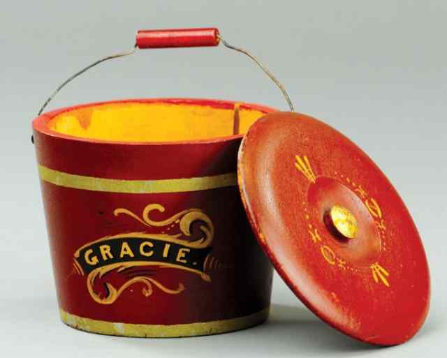 Appraisal: COVERED WOOD BUCKET Painted in maroon reads ''GRACIE'' on front