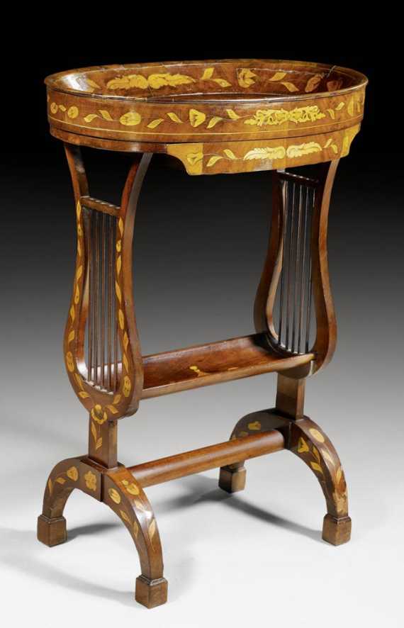 Appraisal: OVAL VIDE-POCHE Restauration Holland th century Richly inlaid mahogany and