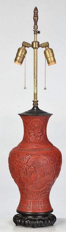 Appraisal: Chinese Carved Cinnabar Vase Converted to Lamp th century baluster