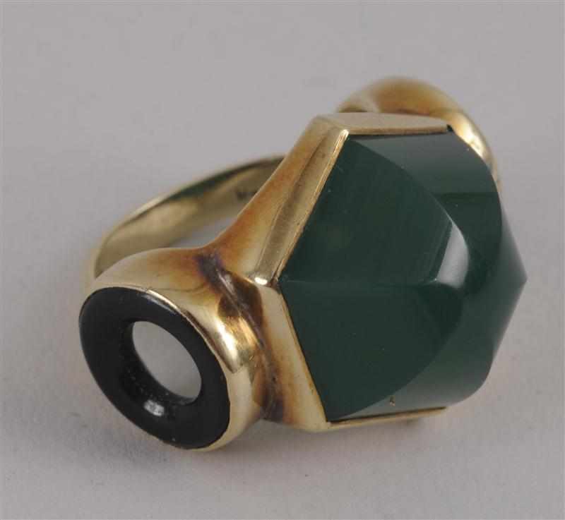 Appraisal: GOLD AND GREEN STONE RING Provenance The Estate of Marjorie