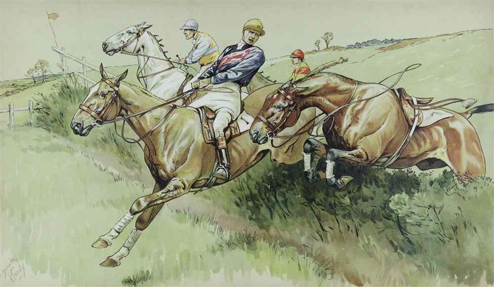 Appraisal: DOROTHY HARDY FOUR STEEPLE CHASE SCENES Chromolithograph x in sight