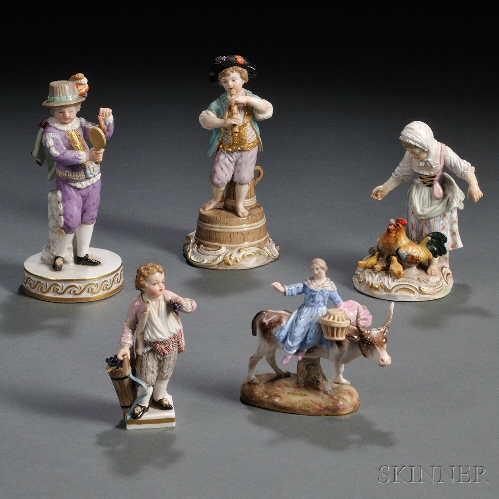 Appraisal: Five Meissen Porcelain Figures Germany th century each gilded and