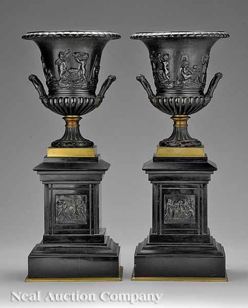 Appraisal: A Pair of Antique Continental Patinated Bronze Campagna Urns in