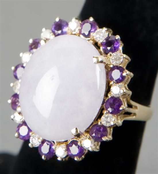 Appraisal: Lavender jade ring surrounded by amethyst and diamonds set in