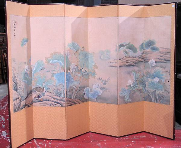 Appraisal: A Korean six-panel floor screen Color and ink on cloth