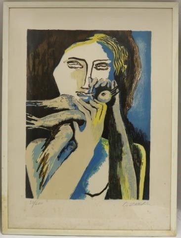 Appraisal: OSSIP ZADKINE - COLORED LITHOGRAPH TITLED WOMAN WITH DOVE SIGNED