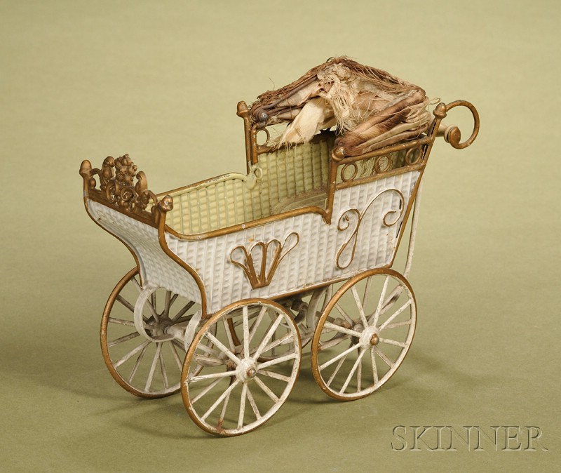 Appraisal: Marklin Doll Carriage Germany c ivory enameled tin carriage with