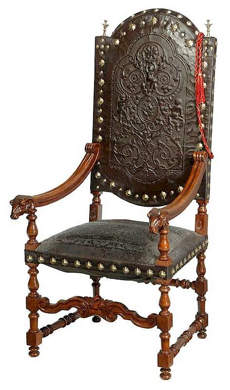 Appraisal: Baroque Style Leather Upholstered Armchair early th century arched back