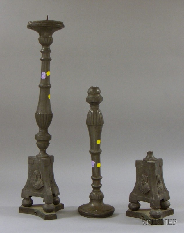 Appraisal: Pair of Continental Baroque-style Pewter Pricket Candlesticks drilled one with