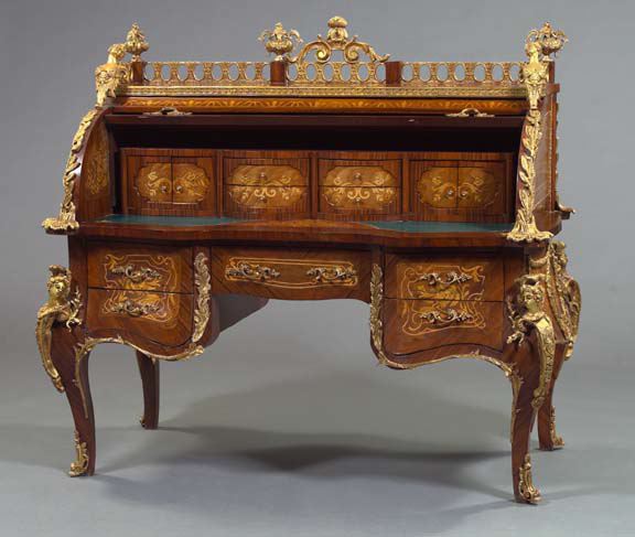 Appraisal: Elaborate Gilt-Brass-Mounted and Inlaid Kingwood Cylinder Writing Desk of Louis