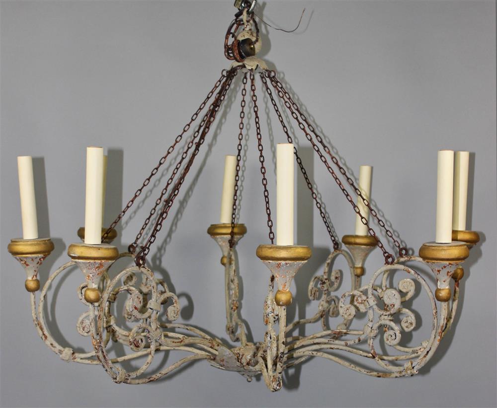 Appraisal: NIERMANN WEEKS EIGHT LIGHT CHANDELIER having eight paint decorated scrolling