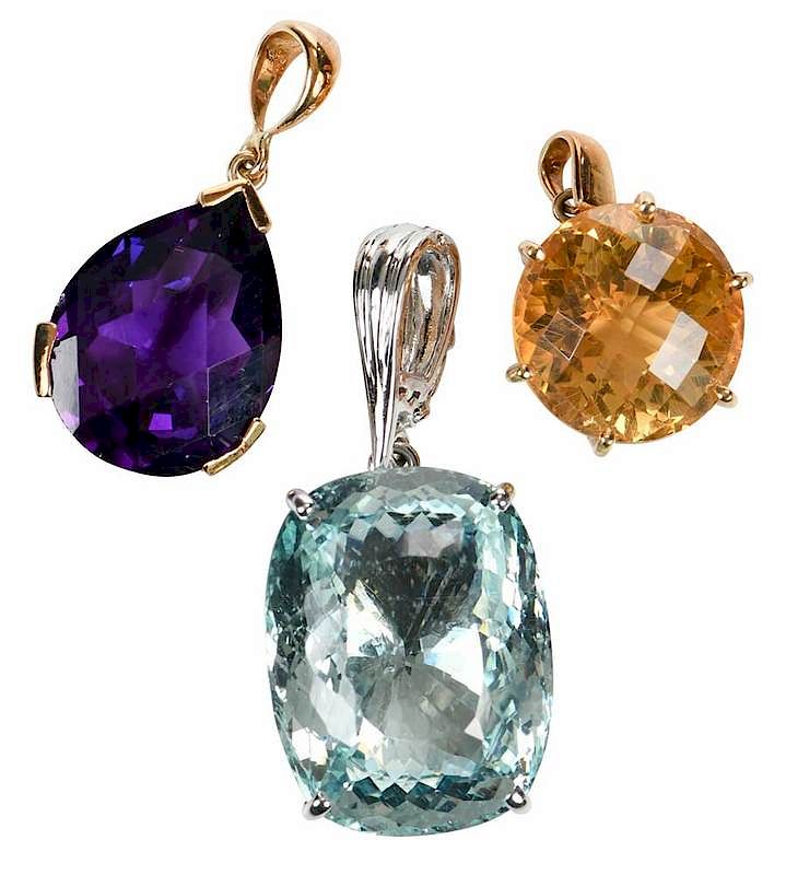 Appraisal: Three kt Gemstone Pendants one cushion cut aquamarine estimated weight