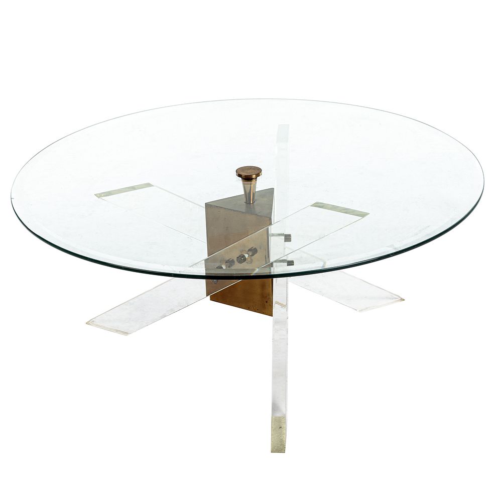 Appraisal: Contemporary Glass Lucite Table Circular glass top with lucite tri-leg