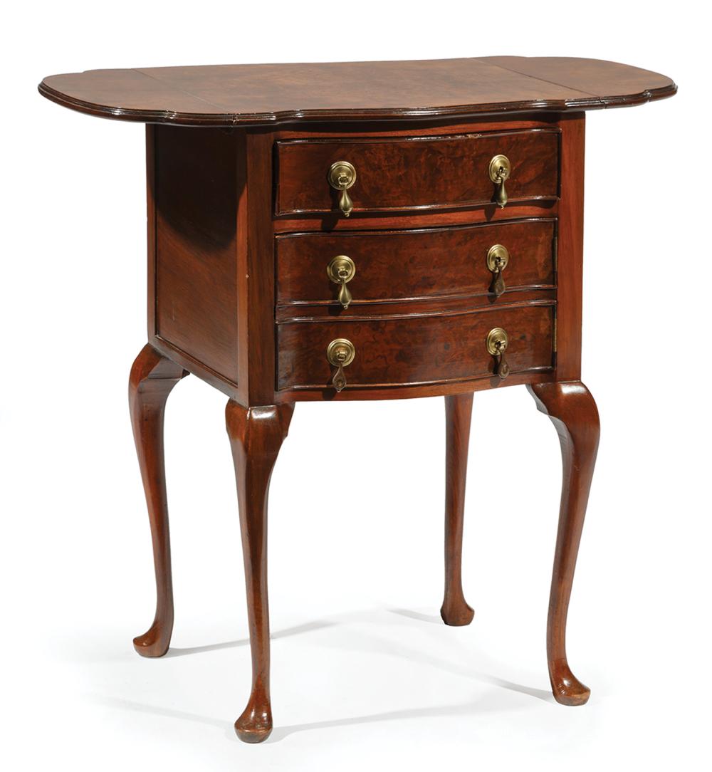 Appraisal: Queen Anne-Style Burlwood Side Table drop-leaf top three drawers cabriole