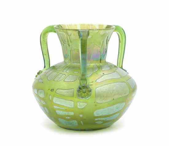 Appraisal: A Loetz Tri-Handled Vase of squat baluster form the green