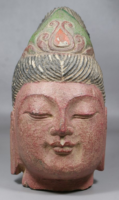 Appraisal: Carved stone Buddha head polychrome surface high