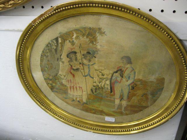 Appraisal: th Century Needlework Picture a meeting along the way oval