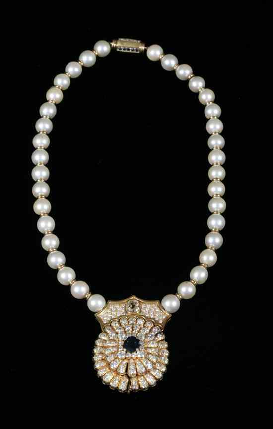 Appraisal: YELLOW GOLD DIAMOND SAPPHIRE AND CULTURED PEARL PENDANT NECKLACE cultured