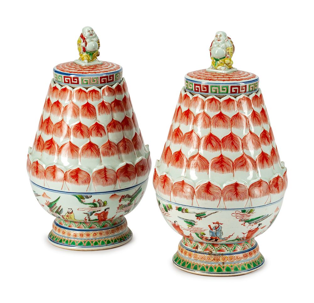 Appraisal: A Pair of Chinese Porcelain Lotus-Form Jars and Covers A