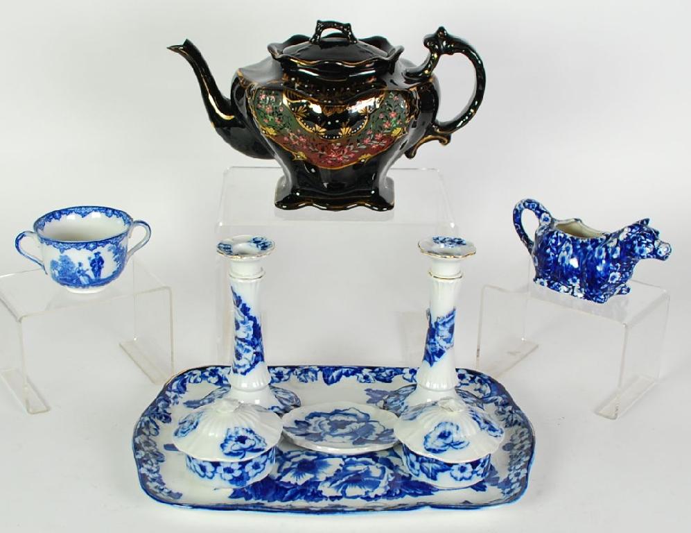 Appraisal: SIX PIECE CONTINENTAL FLOW BLUE AND WHITE POTTERY DRESSING TABLE