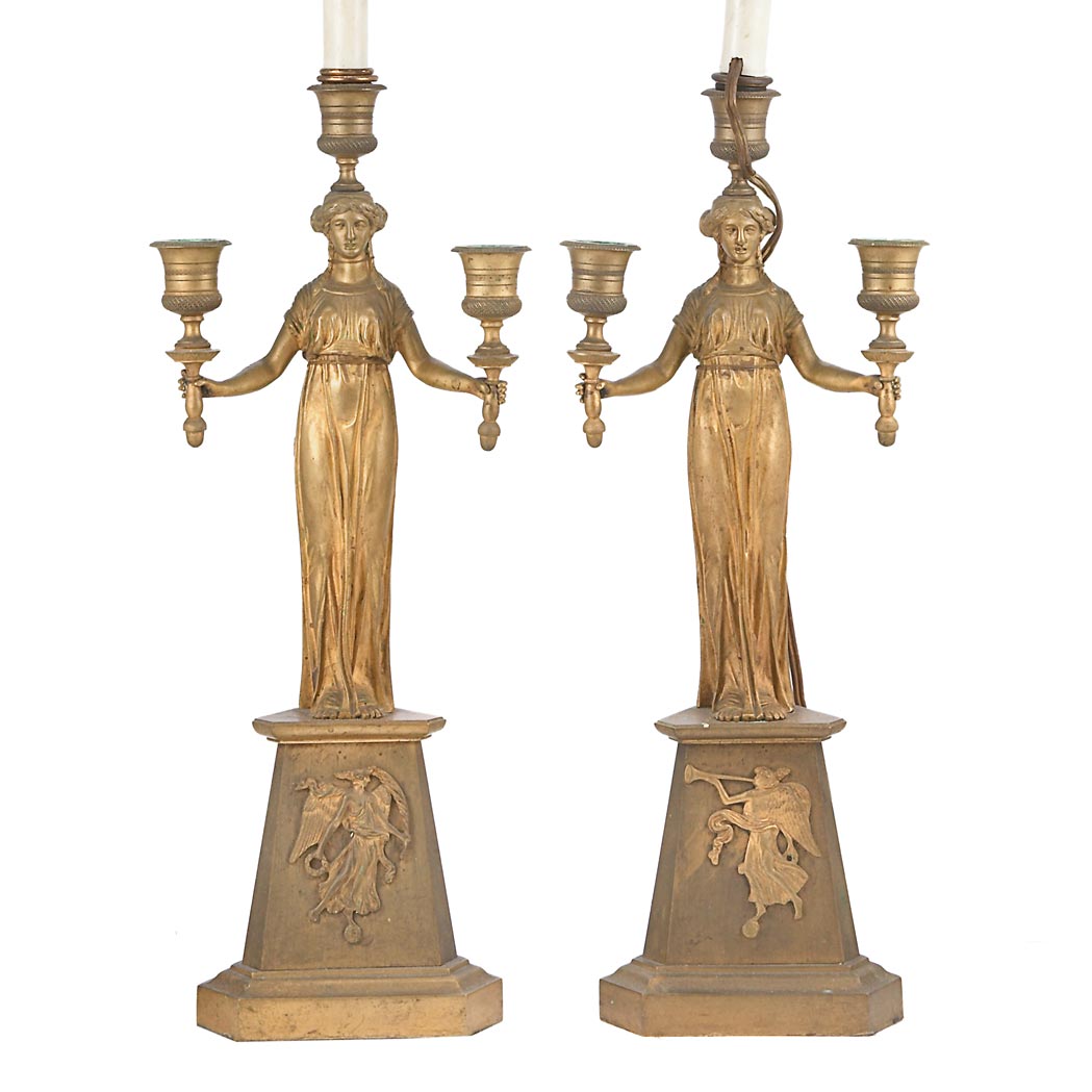 Appraisal: Pair of Empire Style Patinated-Bronze Three-Light Candelabra Each mounted as