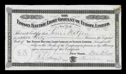 Appraisal: piece Stock Certificate Signed Edison Thomas A New York December