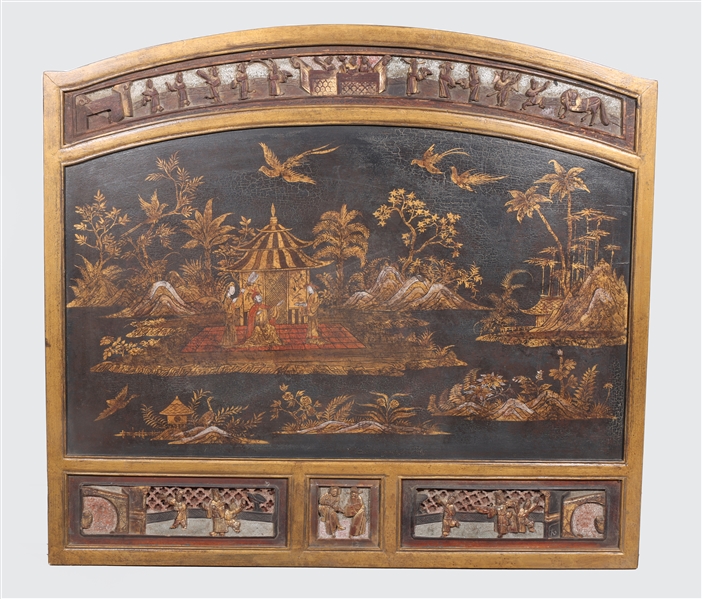 Appraisal: Carved black Chinese gilded panel with black center hand painted