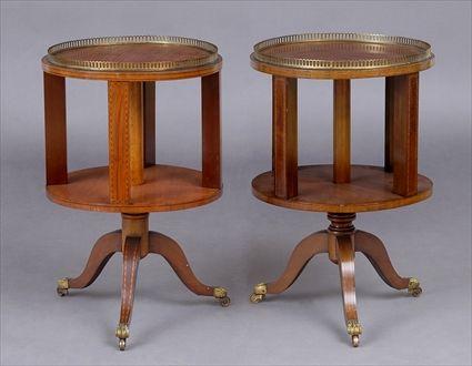 Appraisal: PAIR OF EDWARDIAN INLAID SATINWOOD TWO-TIER TABLES Each circular galleried