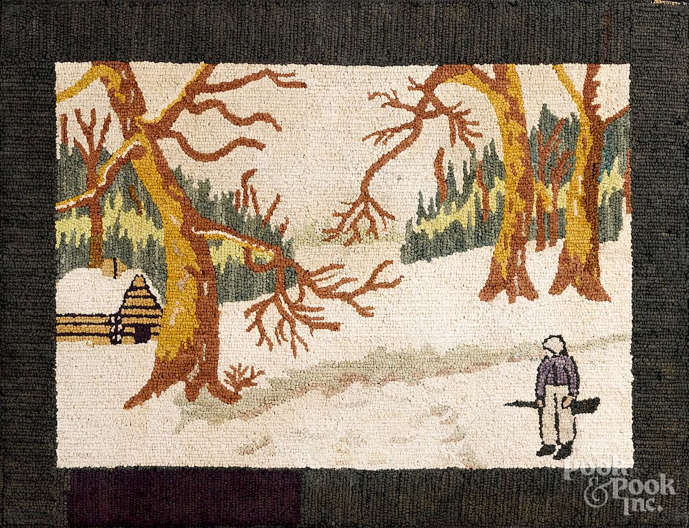 Appraisal: New England hooked rug of a winter landscape New England