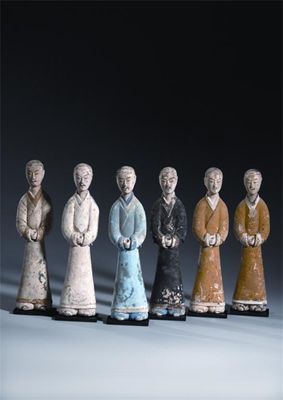 Appraisal: A set of six Chinese unglazed and painted pottery models